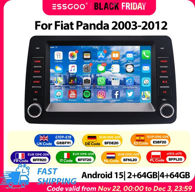ESSGOO Android 15 Multimedia Autoradio mit CarPlay und DAB+ für Fiat Panda 2003 bis 2012, 4 GB RAM + 64 GB Speicher, Schwarz, 7 Zoll Display - Bild 1