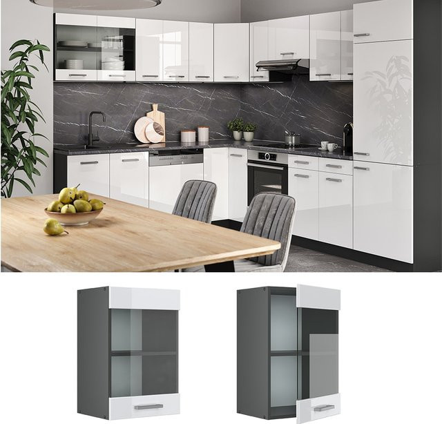 Vicco Küchen-Hängeschrank R-Line mit Glastüren, Weiß Hochglanz/Anthrazit, Breite: 40 cm - Bild 1