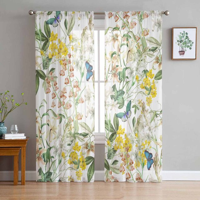 Transparente Organza-Vorhänge mit Blumen- und Schmetterlingsmuster von Household supplies MH in Weiß, Breite: 135 cm, Höhe: 115 cm - Bild 1