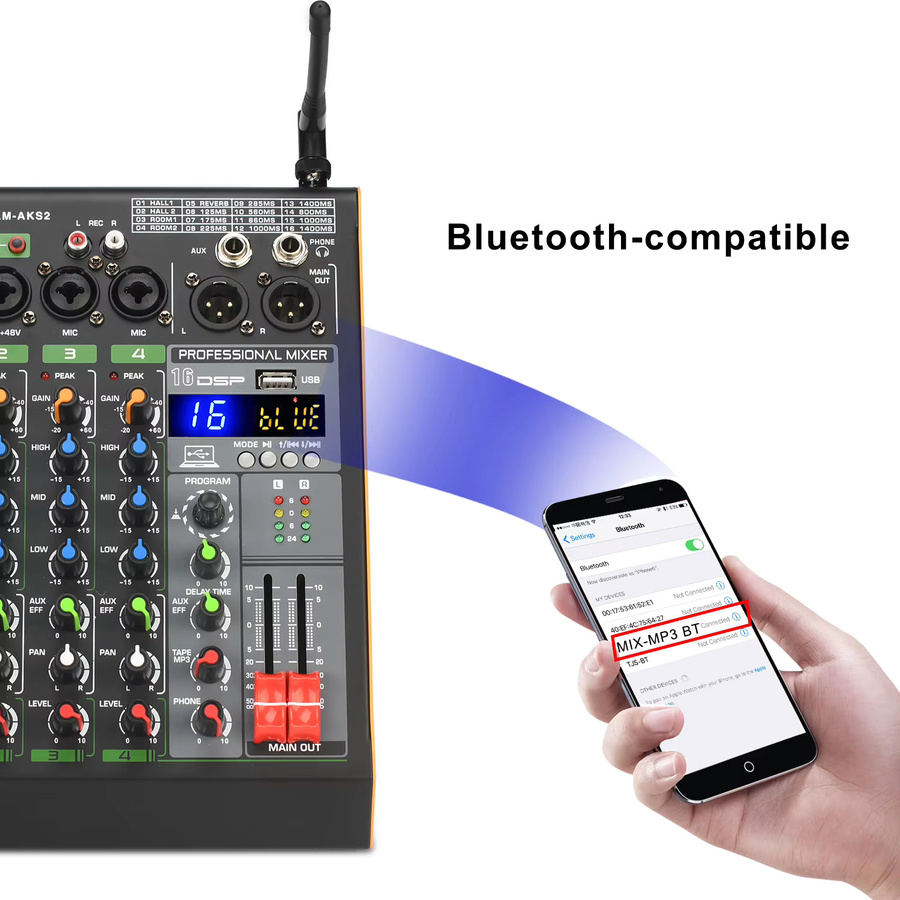 LOMEHO Karaoke-System AM-AKS2 4-Kanal-Audiomischer in Schwarz mit 16 Effekten, drahtlosem UHF-Mikrofon, Bluetooth und USB-Anschluss - Bild 2