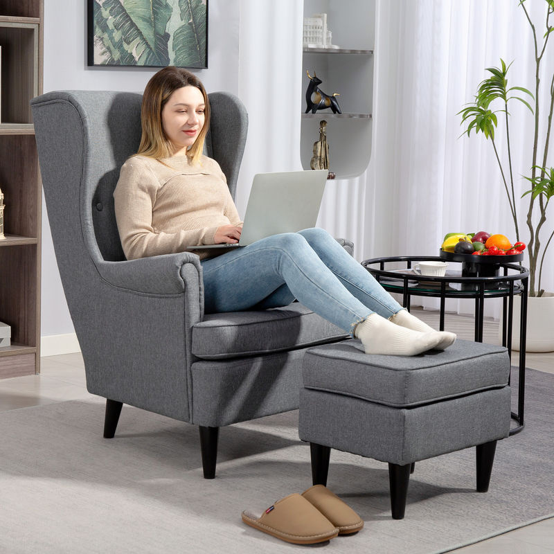 HOMCOM Ohrensessel mit Hocker in Grau, moderner Relaxsessel mit Leinenoptik und Lendenkissen für dein Wohnzimmer - Bild 2