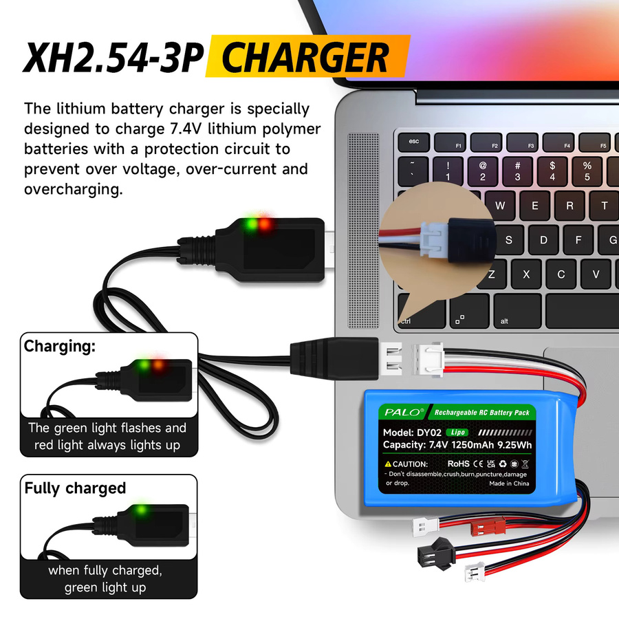 PALO Lithium-Polymer-Akku 7,4 V mit 1250 mAh und XH2.54-3P-Ladegerät für RC-Autos - Bild 6