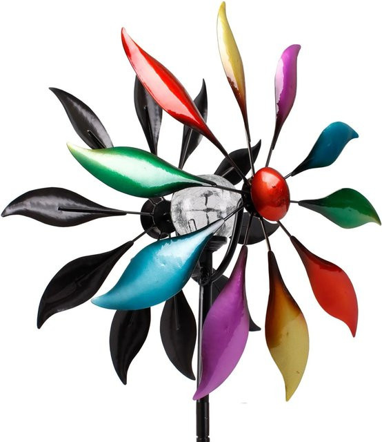 Lex Windrad Windspiel aus Metall mit Solar LED Glaskugel in Bunt mit Erdspieß zur Gartendeko - Bild 1