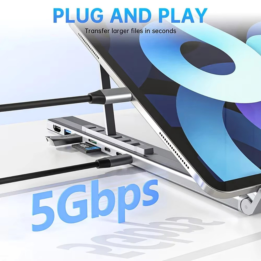 KEBIDUMEI 8-in-1 USB-C Laptop-Ständer Dockingstation mit 100W PD, 4K HDMI, USB 3.0 und SD/TF-Kartenleser in Grau - Bild 4