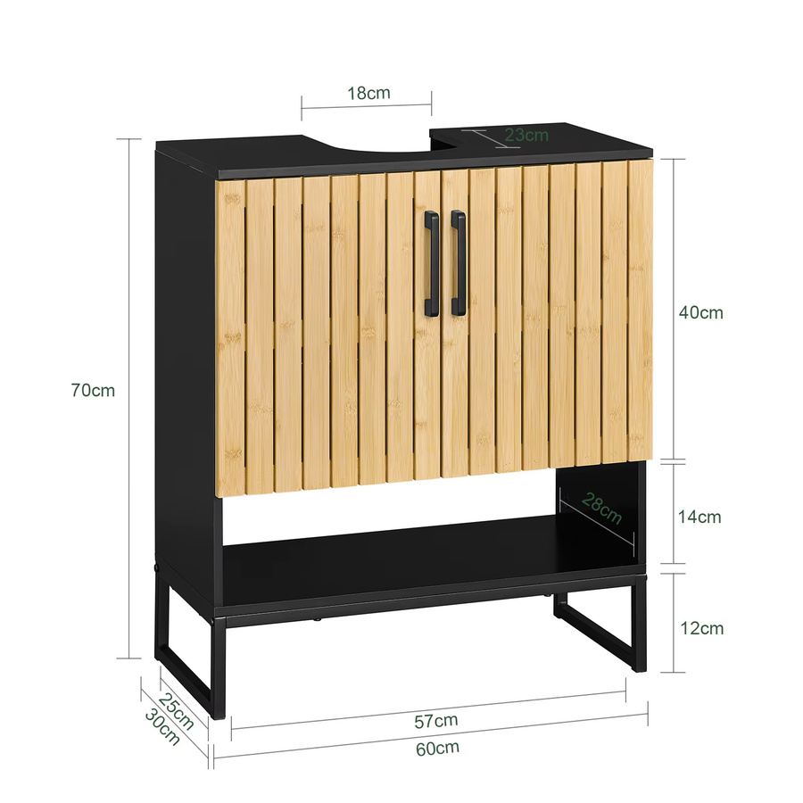SoBuy Waschbeckenunterschrank BZR202-SCH mit Bambus Tür und Metallfüßen in Schwarz, Breite: 60 cm, Tiefe: 30 cm, Höhe: 70 cm - Bild 3