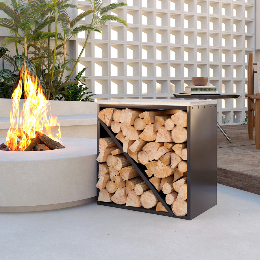 Outsunny 2-in-1 Kaminholzregal für innen aus Metall in Schwarz, erhöhtes Brennholzregal mit Trenner für Kamin und Ofen, B/T/H: 58 x 36 x 60 cm - Bild 2