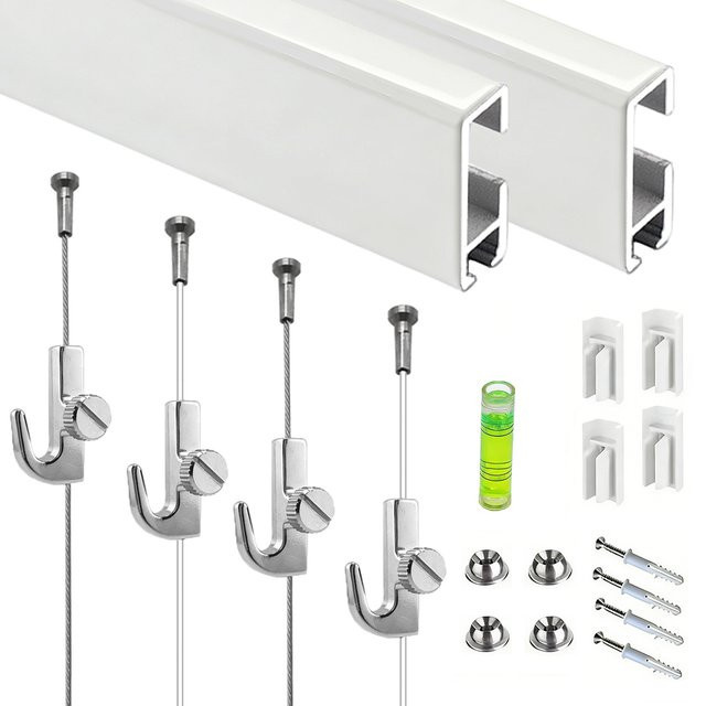 2-teiliges Bildaufhängesystem von lekefever mit J-Haken-Schienen und verstellbaren Kabeln in Chrome - Bild 1