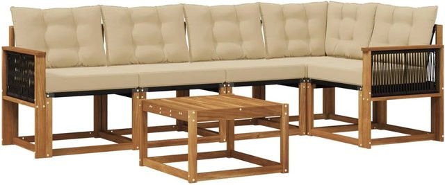vidaXL Outdoor-Sofagarnitur aus Akazienholz in L-Form mit Kissen und Couchtisch, Beige - Bild 1