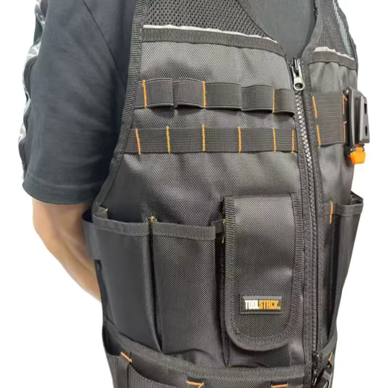 TOOLSTACK Heavy Duty Werkzeugweste für Elektriker und Tischler in Schwarz mit mehreren Taschen und atmungsaktivem Material - Bild 4