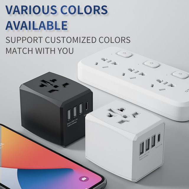 HKLAMIN Reise-Universalstecker Smart Power Adapter mit 3 USB-A und 1 USB-C Anschlüssen als schnelles Ladegerät für US-, EU-, UK- und Australien-Reisesteckdosen - Bild 1