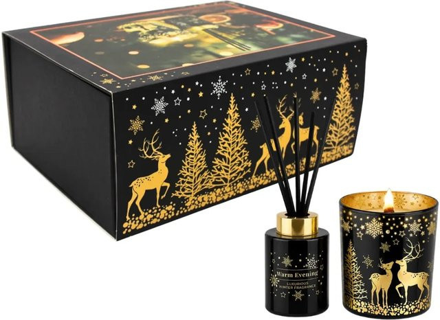 Dekohelden24 Weihnachtsgeschenkset mit Duftkerze und Reed Diffuser in Schwarz, Duftrichtung Fruchtig, Würzig und Floral, B/T/H: 23 x 17 x 10 cm - Bild 1