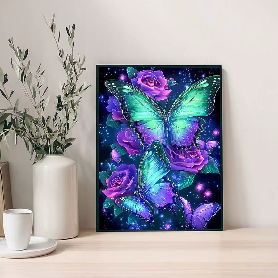 Huacan Diamond Painting Set Schmetterling und Blumen in Pink und Multicolour, 5D DIY Mosaik mit quadratischen Steinen zur Heimdekoration - Bild 3