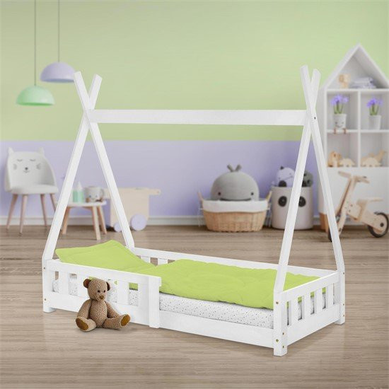 ML-Design Kinderbett Tipi aus Kiefernholz mit Rausfallschutz und Lattenrost, Farbe: Weiß, B/T/H: 70 x 140 x 100 cm - Bild 1