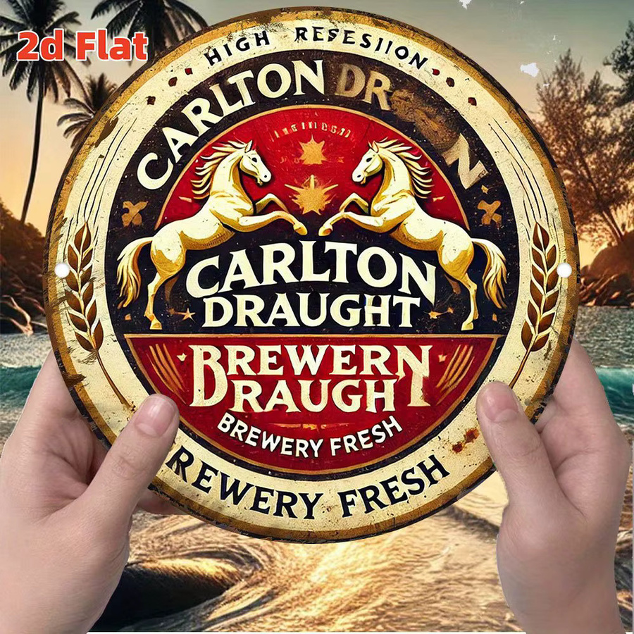 Vintage Carlton Draft Brewery Metallblechschild Potdemiel – Runde Aluminium-Wanddekoration mit goldenen Pferden in Rot, Gelb und Gold, Durchmesser: 20 cm - Bild 2