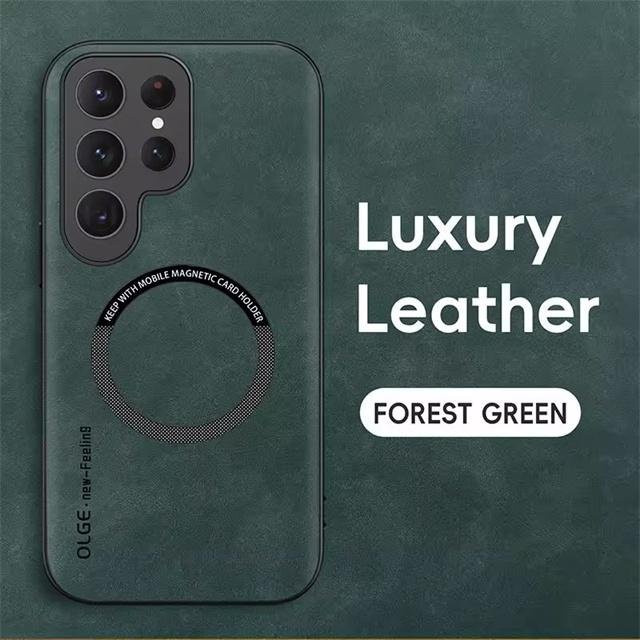 Stoßfeste MagSafe Lederhülle für Samsung Galaxy S25 S24 S23 S22 S21 Ultra Plus FE in Grün mit magnetischem kabellosem Laden - Bild 1