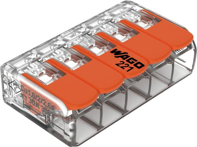 Wago Hebelklemme Compact 221-615, 5-polig, 0,5-6 mm², transparent, 5 Stück - Bild 1