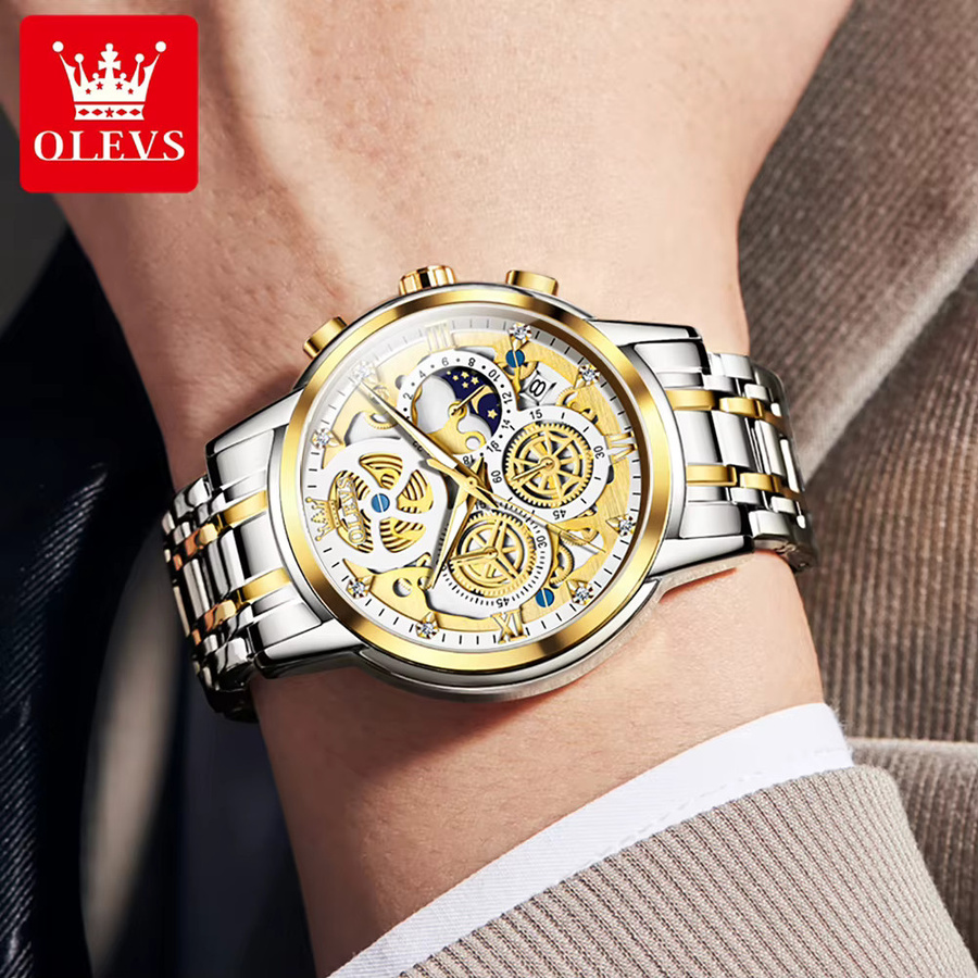 OLEVS Armbanduhr Chronograph, Mondphase, Quarz, Gold, Edelstahl, Herren - Bild 4