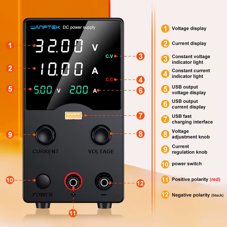 Wanptek Einstellbares Netzteil 30V 10A mit USB-Schnellladung und Display in Schwarz - Bild 2