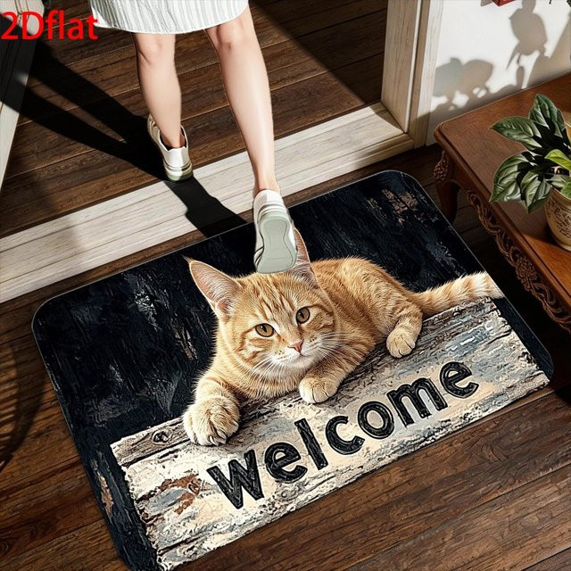 VIKAMA Fußmatte Orange Cat Welcome, rutschfeste Teppichmatte für Flur, Eingangsbereich, Badezimmer und Toilette, B/B/H: 60,0 x 40,0 x 1,0 cm - Bild 1