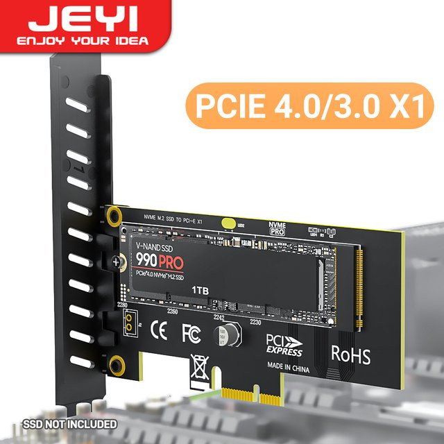 JEYI M.2 NVMe SSD zu PCIe 4.0 x1 Adapterkarte SK1, Schwarz, 16 Gbps volle Geschwindigkeit für Desktop-PC - Bild 1