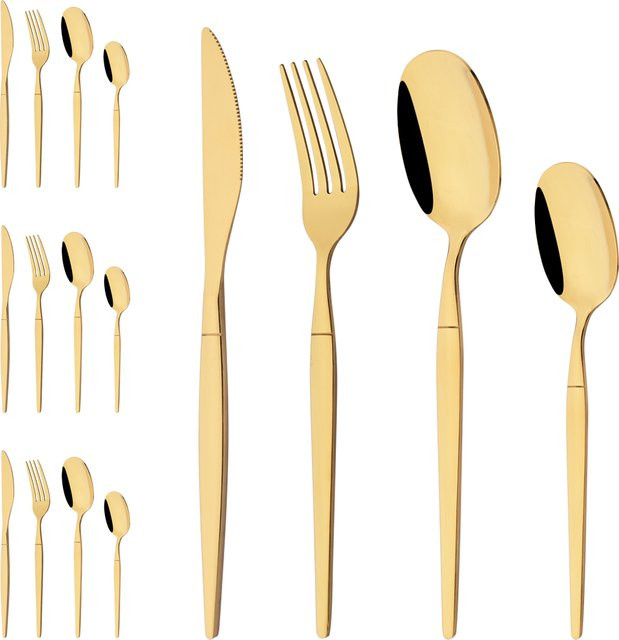 PINKTEN Besteckset aus Edelstahl in Gold und Silber, 16-teiliges Set mit Messern, Gabeln und Löffeln, poliertes Design für Erwachsene - Bild 1