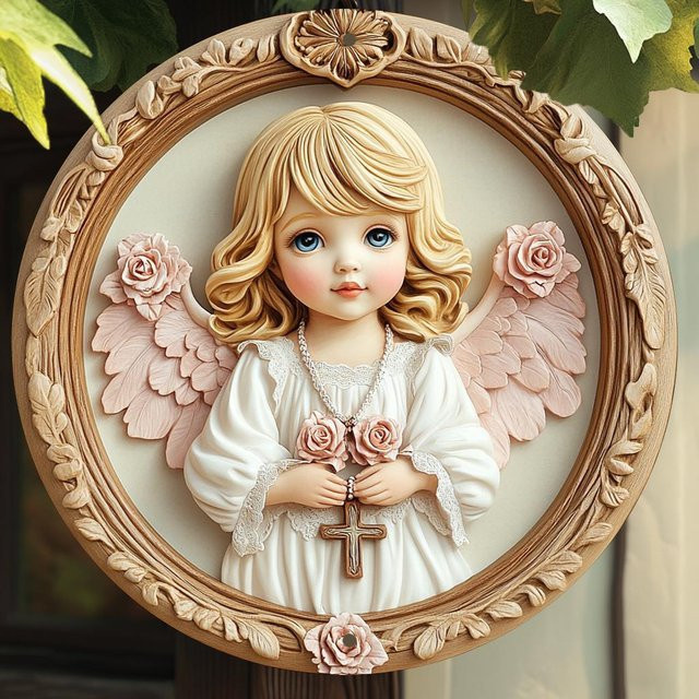 Potdemiel Vintage Angel Girl Wandkunstschild aus Aluminium mit Blumen- und Kreuzdesign, rund, Mehrfarbig, Durchmesser: 20,3 cm - Bild 1