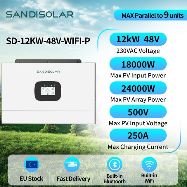 SANDISOLAR Hybrider Wechselrichter 48V 12KW mit Generator-Eingang, Smart Load Management, Wi-Fi und RS485 Kommunikation, Weiß - Bild 1