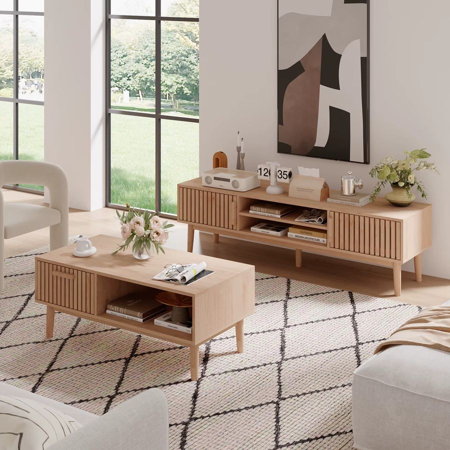 Comanlai Holzmöbel-Set mit Couchtisch, TV-Schrank, Schuhschrank und 2 Nachttischen zur Aufbewahrung - Bild 2