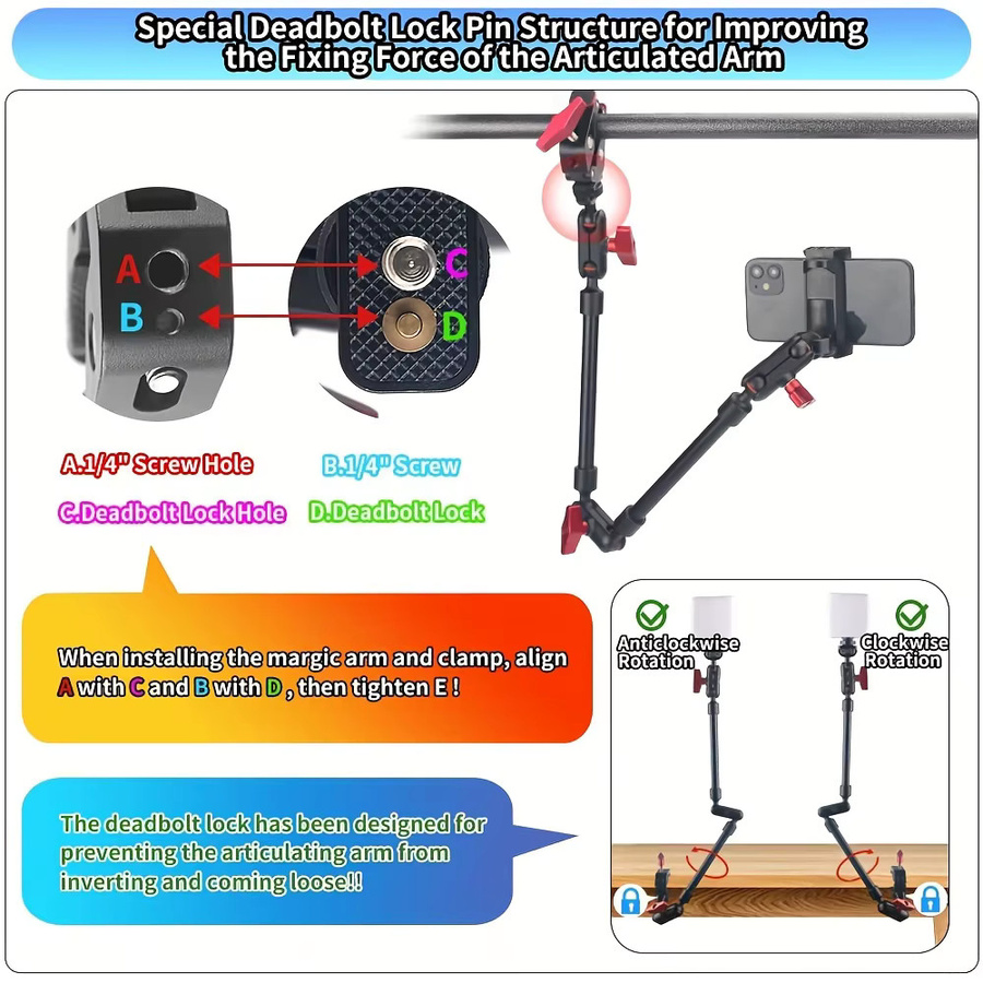 Verstellbarer Magic Arm aus Aluminium-Legierung in Schwarz, 22 Zoll (57 cm) mit 1/4 Zoll Befestigungsschrauben für Telefonhalter und Mikrofonhalter - Bild 4