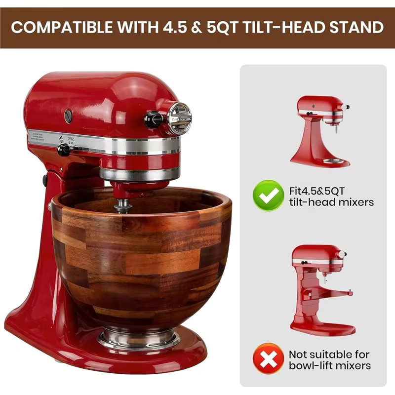 Holzmischschüssel für Kitchenaid 4,5 & 5 QT Tilt-Head-Standmixer mit Edelstahl-Verschlussbasis, Braun - Bild 2