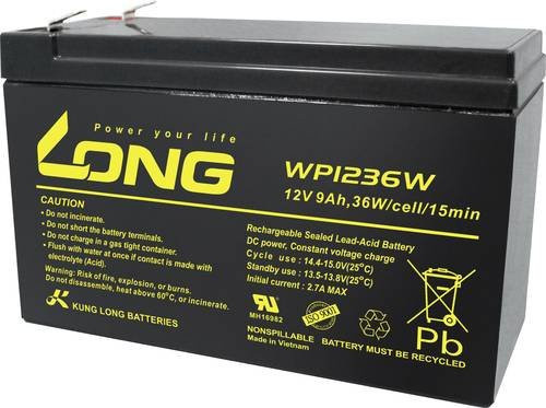 Long WP1236W Bleiakku 12V 9Ah Blei-Vlies AGM Schwarz mit 6.35mm Flachstecker B/H/T: 151 x 102 x 65 mm - Bild 1