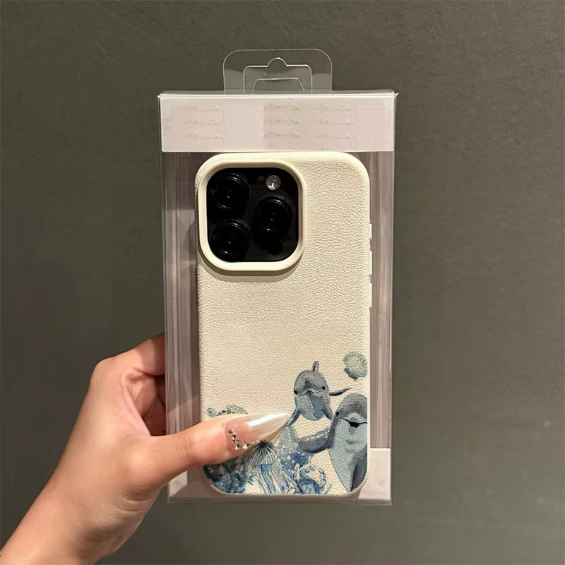 Apple iPhone Handyhülle mit Ozeanmuster und Lychee-Textur in Beige und Multicolour für iPhone 17, 16, 15 Pro Max Plus Serie - Bild 2