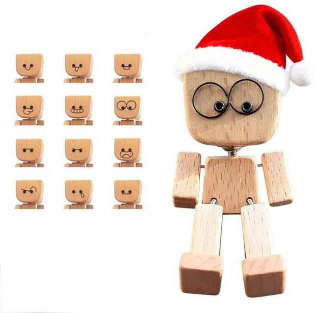 Handgefertigte Wackelnde Holzmann Figur in Braun mit 12 magnetischen Gesichtsausdrücken als Dekoration für das Armaturenbrett im Auto - Bild 1
