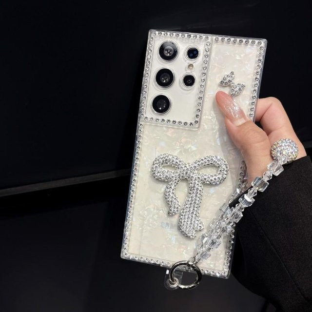 Diamant Schutzhülle für Samsung Galaxy S26 Ultra S25 S24 S23 S22 Plus FE mit Schmetterlings-Kette und Glitzer-Armband in Transparent und Weiß - Bild 1
