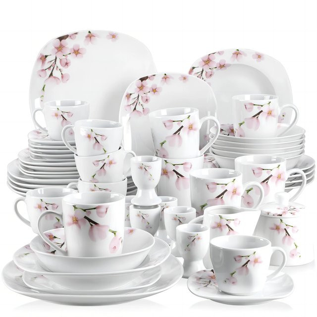 VEWEET Annie Porzellan-Geschirrset Weiß mit floralem Design, 50/100-teilig inklusive Teller, Schüsseln, Tassen, Untertassen, Eierbecher, Milchkrug und Zuckertopf - Bild 1