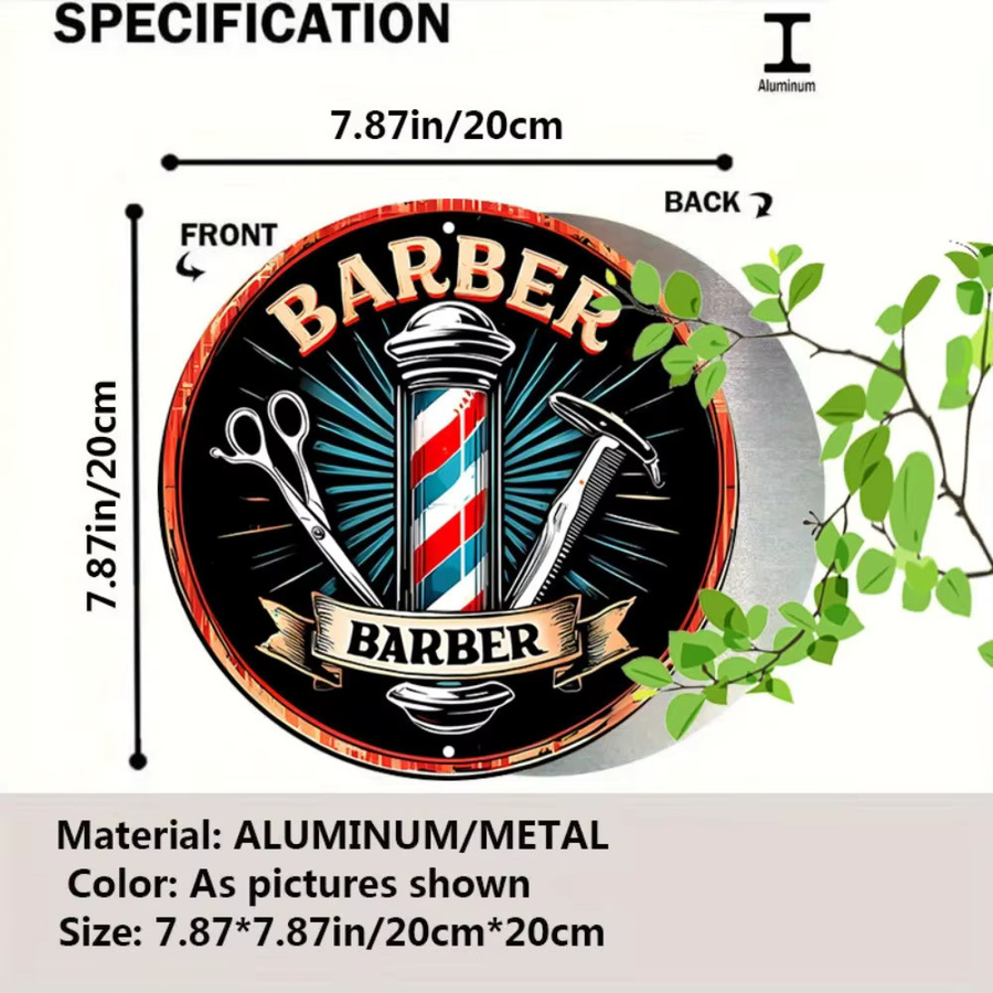 CIFBUY Vintage 2D Flaches Friseurschild aus Aluminium-Metall als runde Wanddekoration in Multicolour mit Schere, Rasiermesser und Rasierer-Illustration - Bild 2