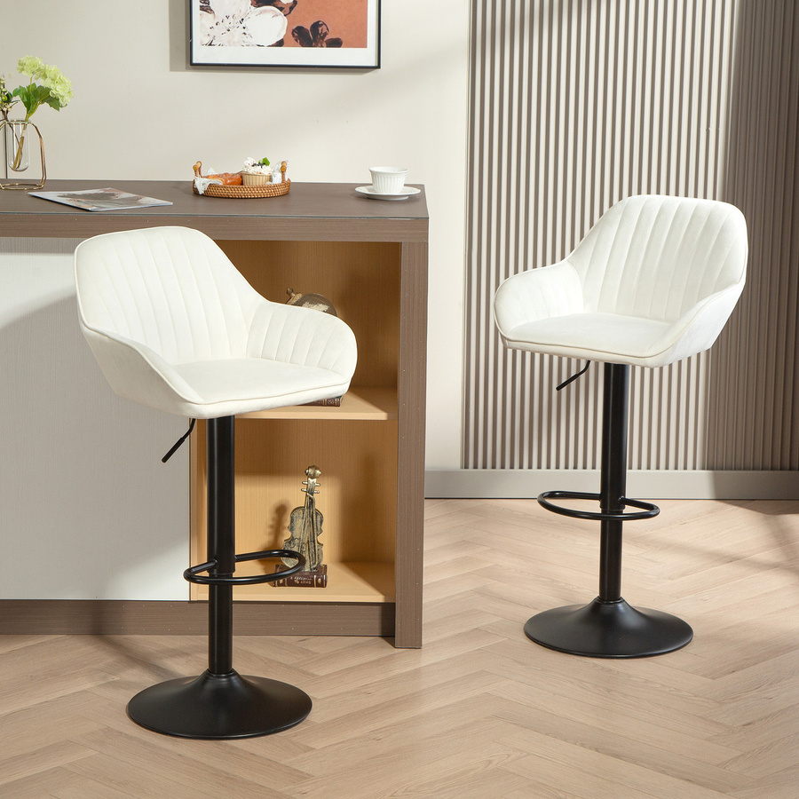 HOMCOM Set von 2 drehbaren Barhockern mit Samtbezug, höhenverstellbare Küchenhocker mit Rückenlehne und Fußstütze, Cremeweiß - Bild 2