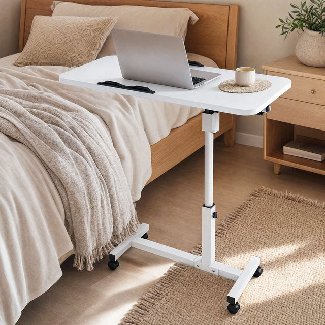 HGTUGO Rollbarer Laptop-Schreibtisch in Weiß, höhenverstellbarer Computertrolley mit neigbarer Tischplatte und Rollen für Home Office und Büro - Bild 1