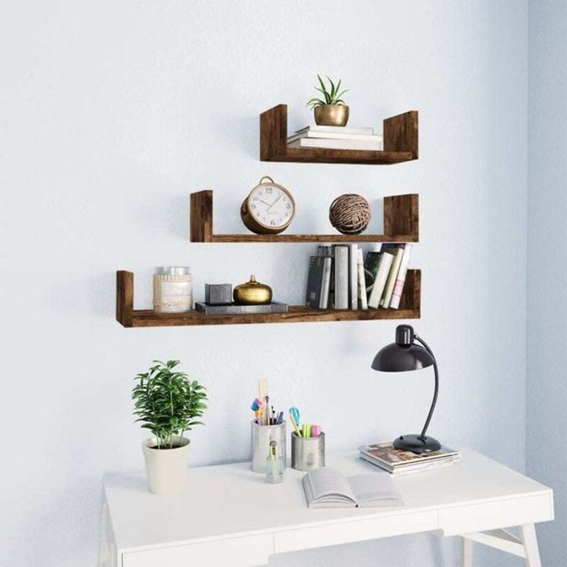 3er Set Wandregale aus Holzwerkstoff in Räuchereiche von Vidaxl im Landhausstil - Bild 1