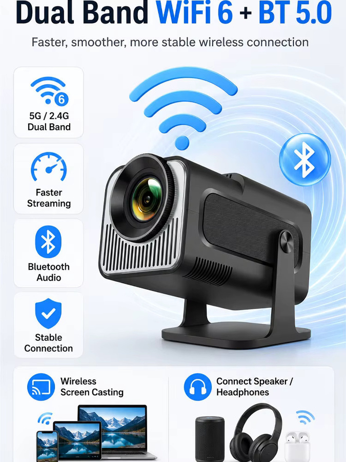 ZNLYRION HY320 Mini-Projektor in Schwarz mit 4K-Unterstützung, Android 11 Smart-Betriebssystem, Dual-Band Wi-Fi 6 und Bluetooth 5.0 - Bild 6