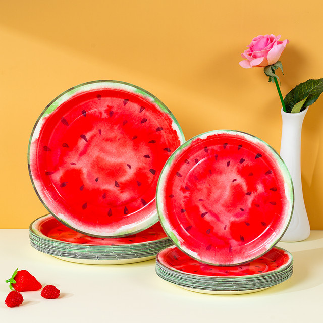 Einweg-Pappteller mit Wassermelonen-Design, runde Obstteller für Picknick und Party, Durchmesser: 17,78 cm, Farbe: Rot - Bild 1