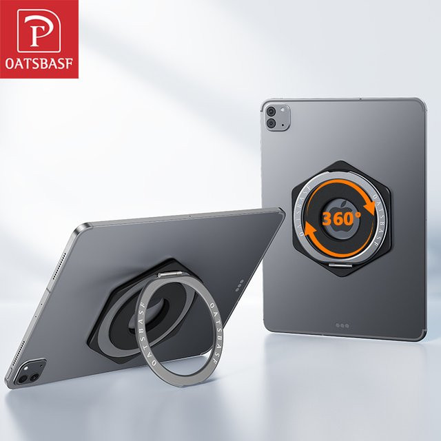 Oatsbasf Magnetischer Tablet-Halter aus Metall in Schwarz mit 360 Grad drehbarem Ringständer und selbstklebender Halterung für iPad und andere Tablets - Bild 1