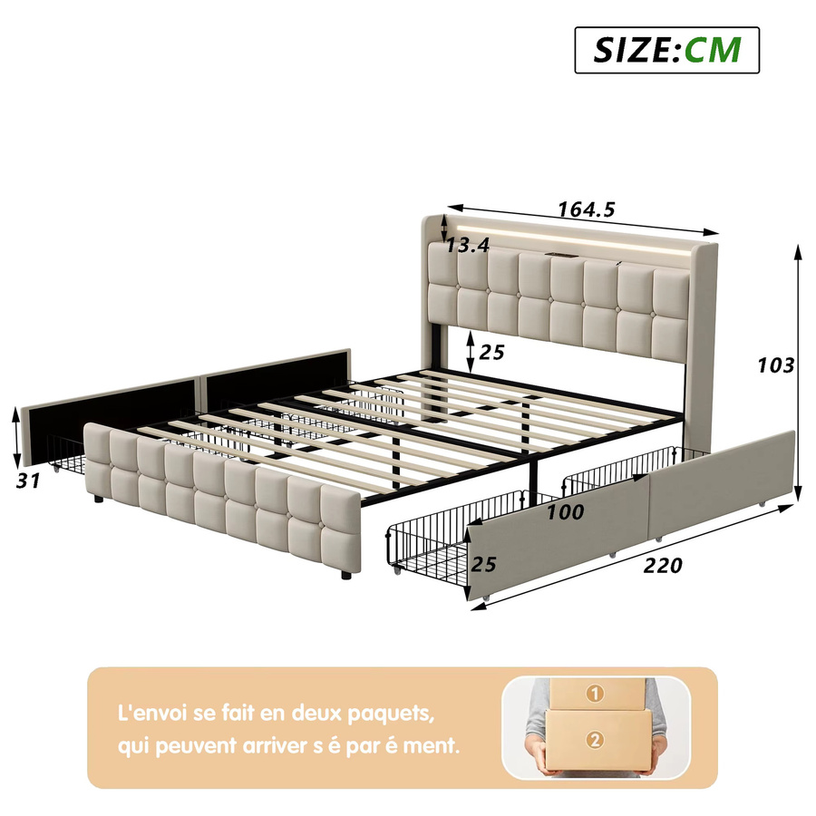 Anajqaqia Gepolstertes Doppelbett mit 4 Rollschubladen und Kopfteil in Beige, B/T: 180 x 200 cm - Bild 4