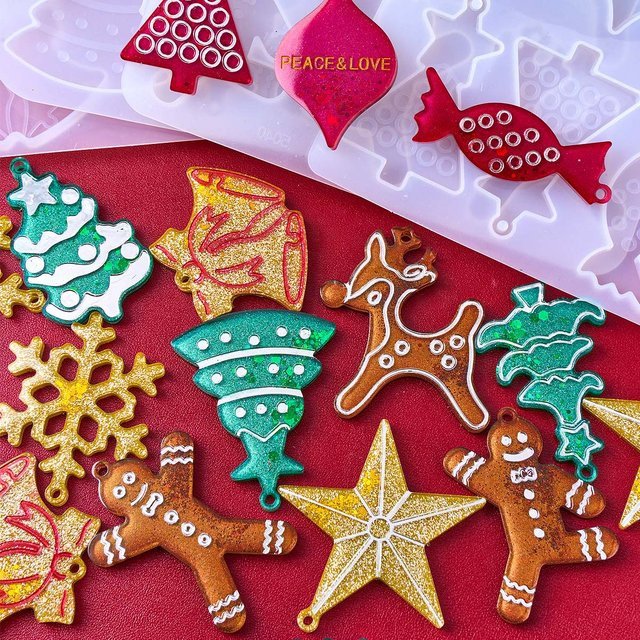 UDOCOOL Silikonformen für Weihnachtsornamente und DIY-Schmuck mit Motiven wie Lebkuchenmann, Elch und Schneeflocke in Multicolour - Bild 1