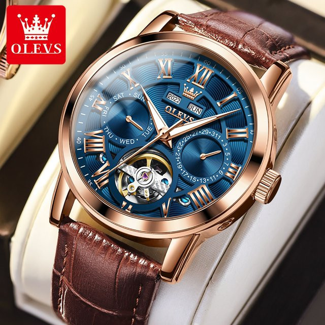 OLEVS Armbanduhr Automatik, Leder, Edelstahl, Bicolor, Herren - Bild 1