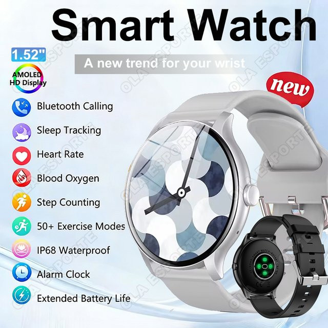Ola Esporte Smartwatch in Silber mit Gesundheitsüberwachung, Herzfrequenzmessung, Schlaf-Tracking und Bluetooth-Anruffunktion, wasserdicht nach IP68, kompatibel mit Android und iOS - Bild 1