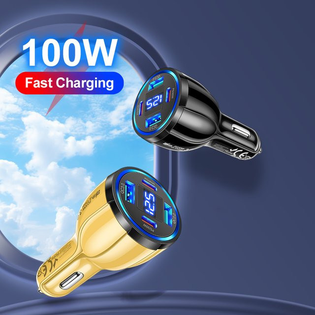WALKESEN 100 W Autoladegerät mit 4 USB-Ports und Digitalanzeige, Schnellladeadapter für iPhone, Samsung und Xiaomi mit USB-C, Schwarz-Gelb - Bild 1