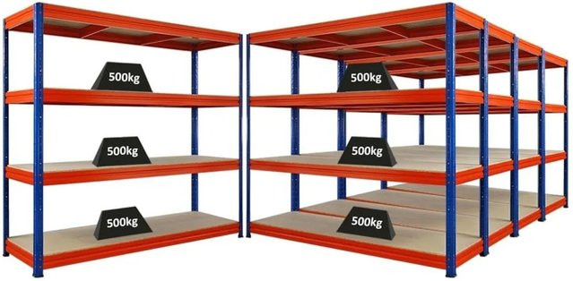 5x PROREGAL Schwerlastregal Dino Set, Blau/Orange, H x B x T: 180 x 200 x 60 cm, mit 4 verstellbaren Spanplatten-Ebenen und 500 kg Fachlast - Bild 1