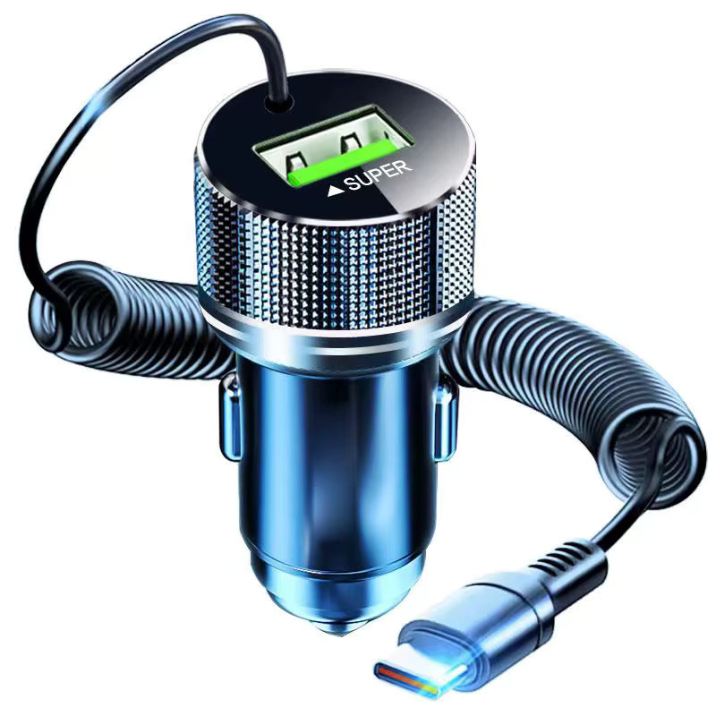 FYUERO USB-C Auto-Ladegerät aus Metall mit Federkabel, Super Schnellladeadapter 12V in Silber - Bild 6