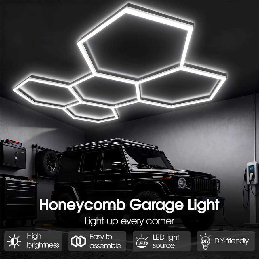 Mexllex Sechseckige LED-Garagenleuchte in Weiß, superhelle Plug-in-Deckenleuchte für Werkstatt, Fitnessstudio und Autopflege, DIY-verknüpfbar und modern - Bild 4